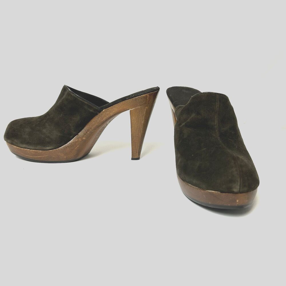 Y2K Genuine Suede Leather Dark Brown Wood Heel Clog Mule Colin Stuart Size 7.5